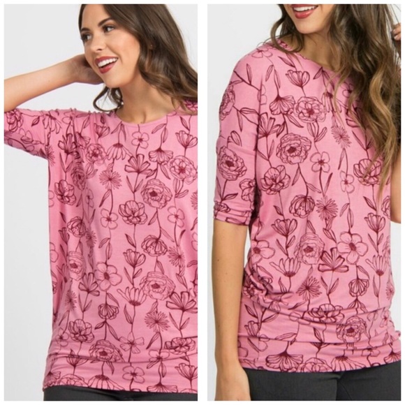 Agnes & Dora Tops - 🌺 Dolman Tunic Rosy Pink with Burgundy Floral A&D